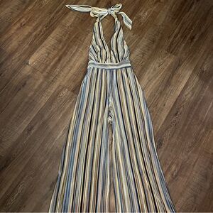 Nikki Beach Striped Halter Wide Leg Jumpsuit Resort Pantsuit Boho Ribbed size S